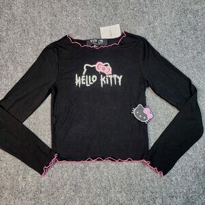 Forever 21 Hello Kitty Baby Tee S NWT Goth Y2K Long Sleeve Black Top‎ Halloween